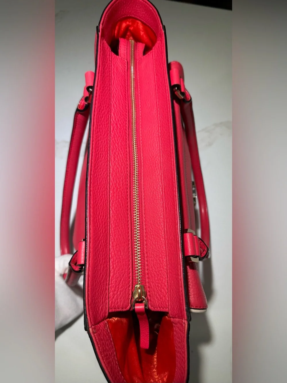 KATE SPADE Leather Envelope Zipper Top Shoulder Tote Bright Pink Beige